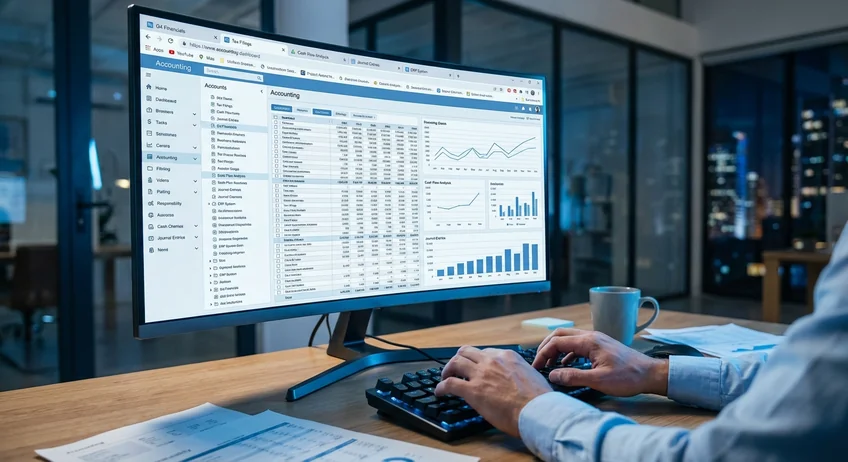 Monitor zeigt komplexes Buchhaltungs-Dashboard mit vielen Menüpunkten und Datentabellen