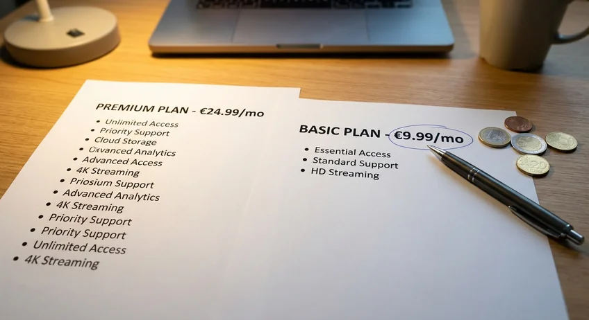 Zwei Abo-Pläne nebeneinander auf Schreibtisch, Kugelschreiber markiert günstigere Option