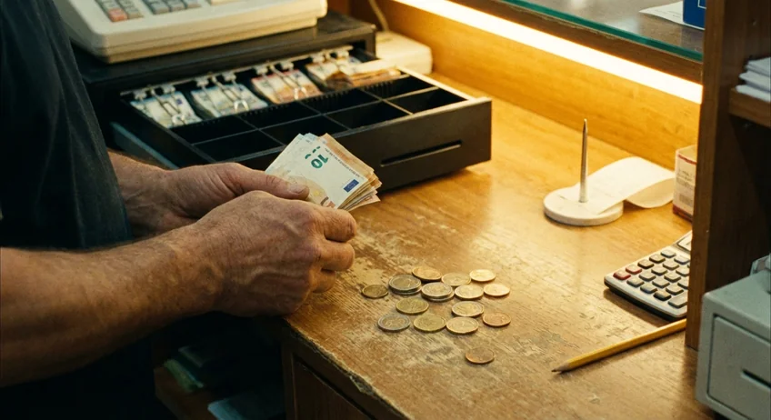 Kassierer zählt Bargeld am Tagesende zur Berechnung der Tageslosung