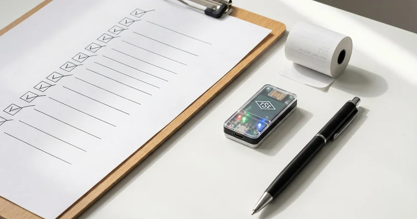 Unternehmer prüft TSE-Zertifikat am Kassensystem mit Checkliste