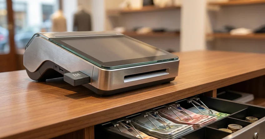 Elektronische Kasse mit TSE-Modul und Kassenbuch auf Ladentisch