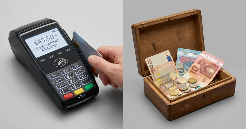 Vergleich: Elektronische Kasse mit TSE links und offene Ladenkasse rechts