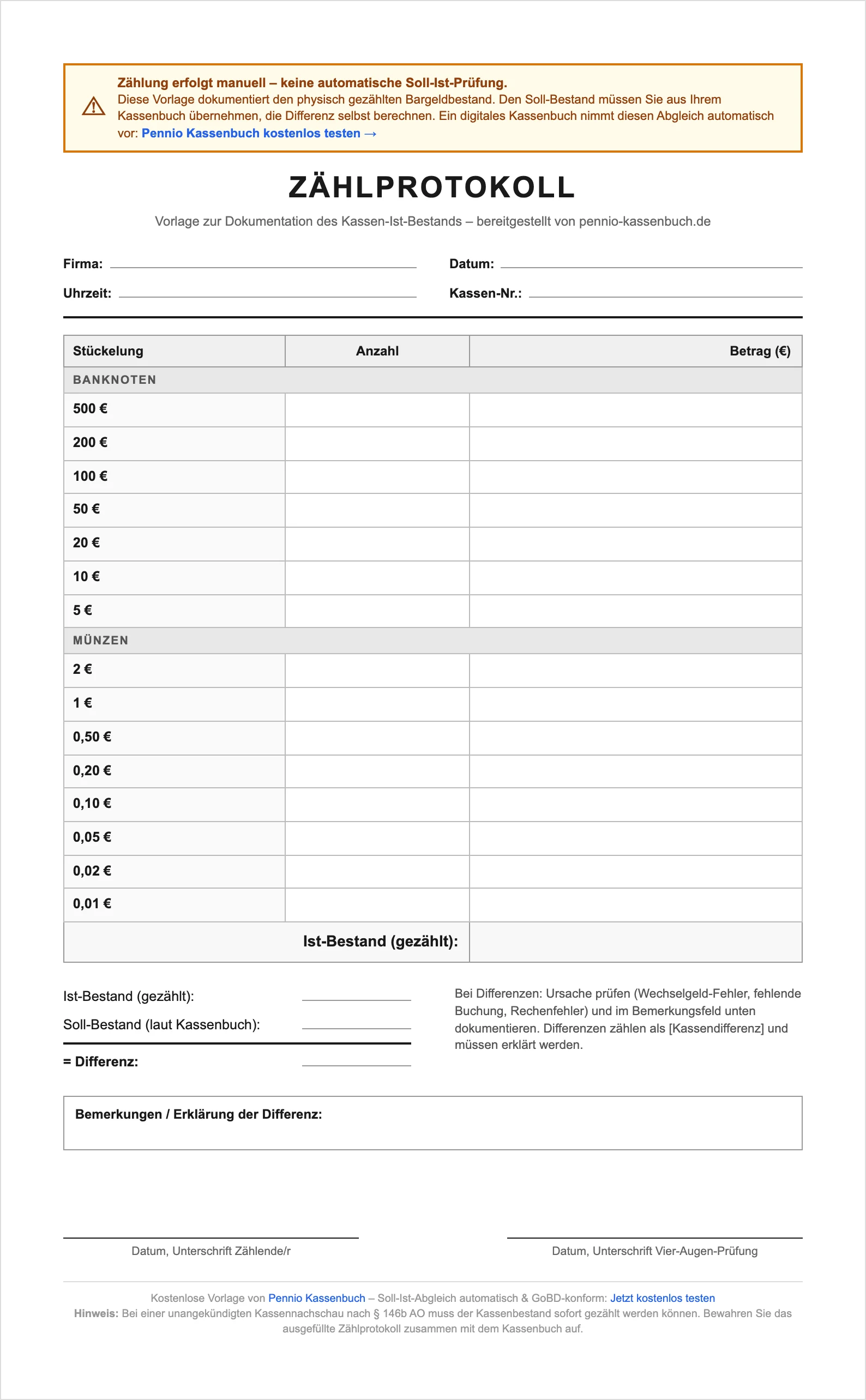 Zählprotokoll-Vorlage zum Ausdrucken – kostenloses Muster zur Kassenzählung nach Stückelung (Scheine und Münzen) mit Summenzeile und Unterschriftsfeld