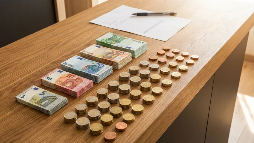 Bargeld sortiert nach Stückelung auf dem Tresen für das Zählprotokoll